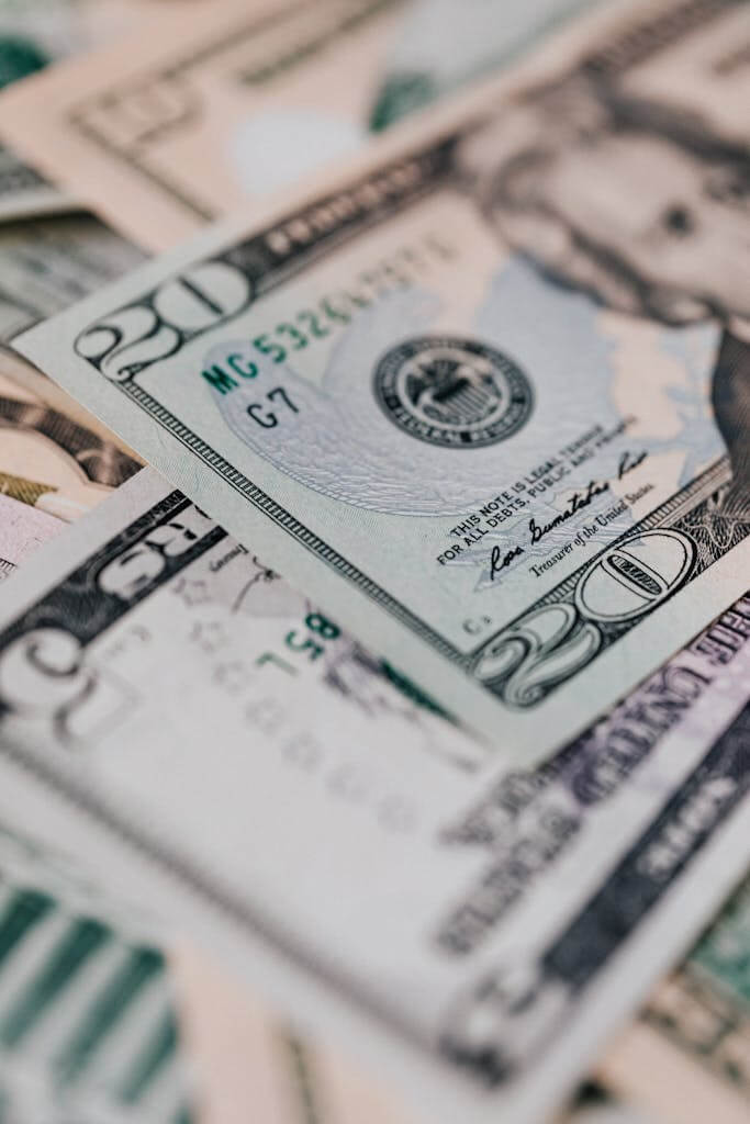 Closeup of diverse dollar banknotes randomly placed on surface