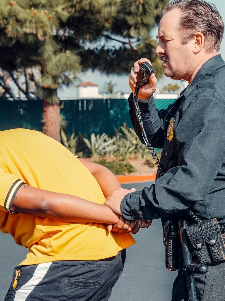 Police Officer Arresting a Man in Yellow Shirt