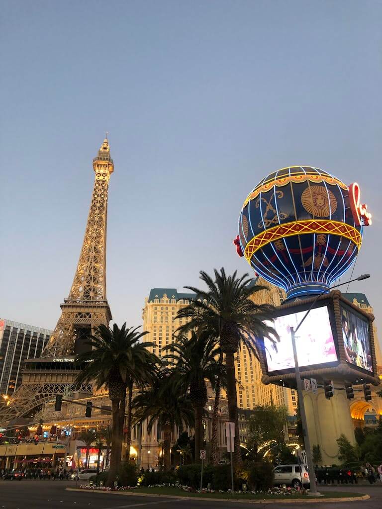 Dusk at Las Vegas Strip with Eiffel Tower