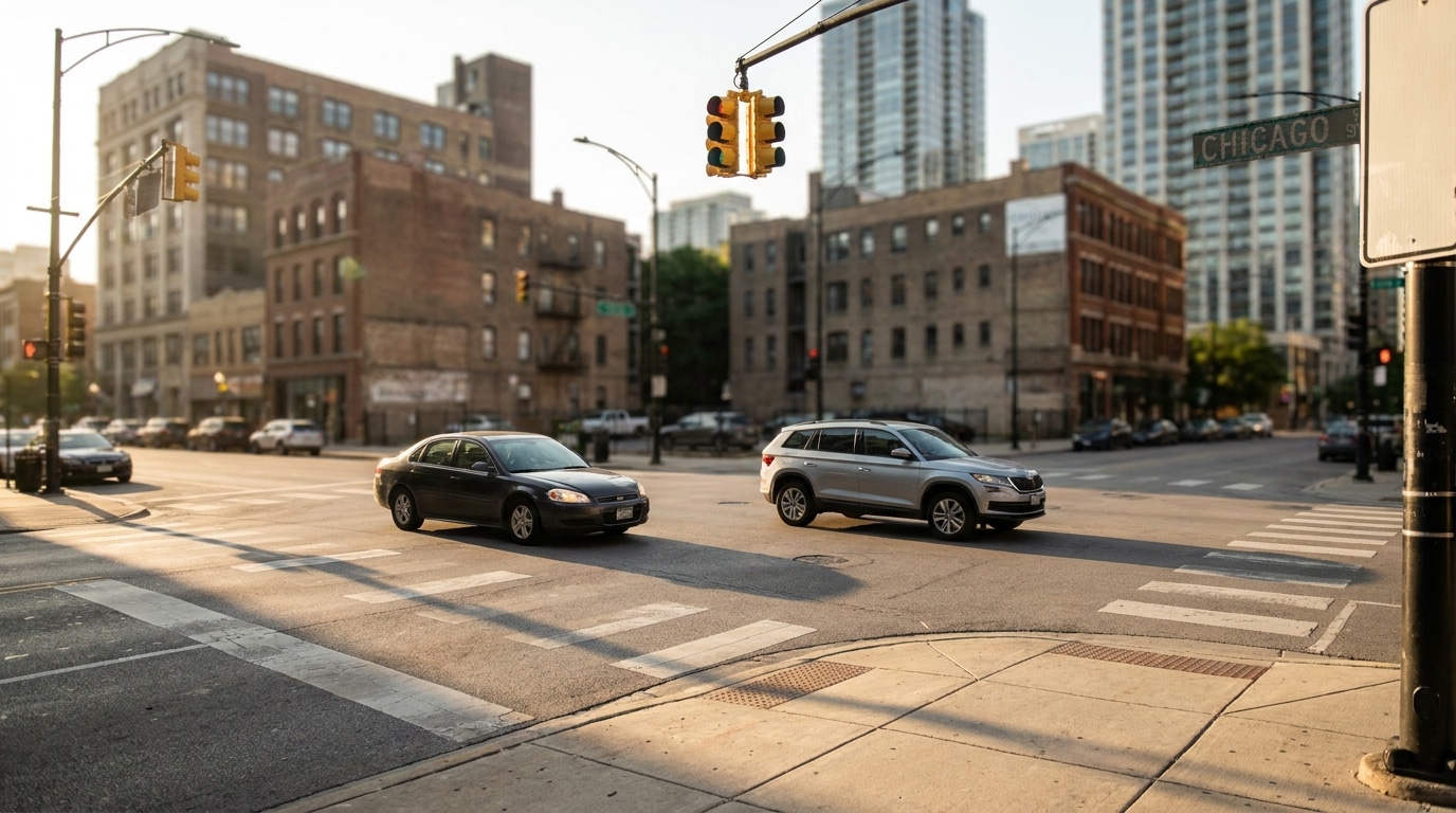 two vehicles crossing Chicago street intersection with traffic signal overhead