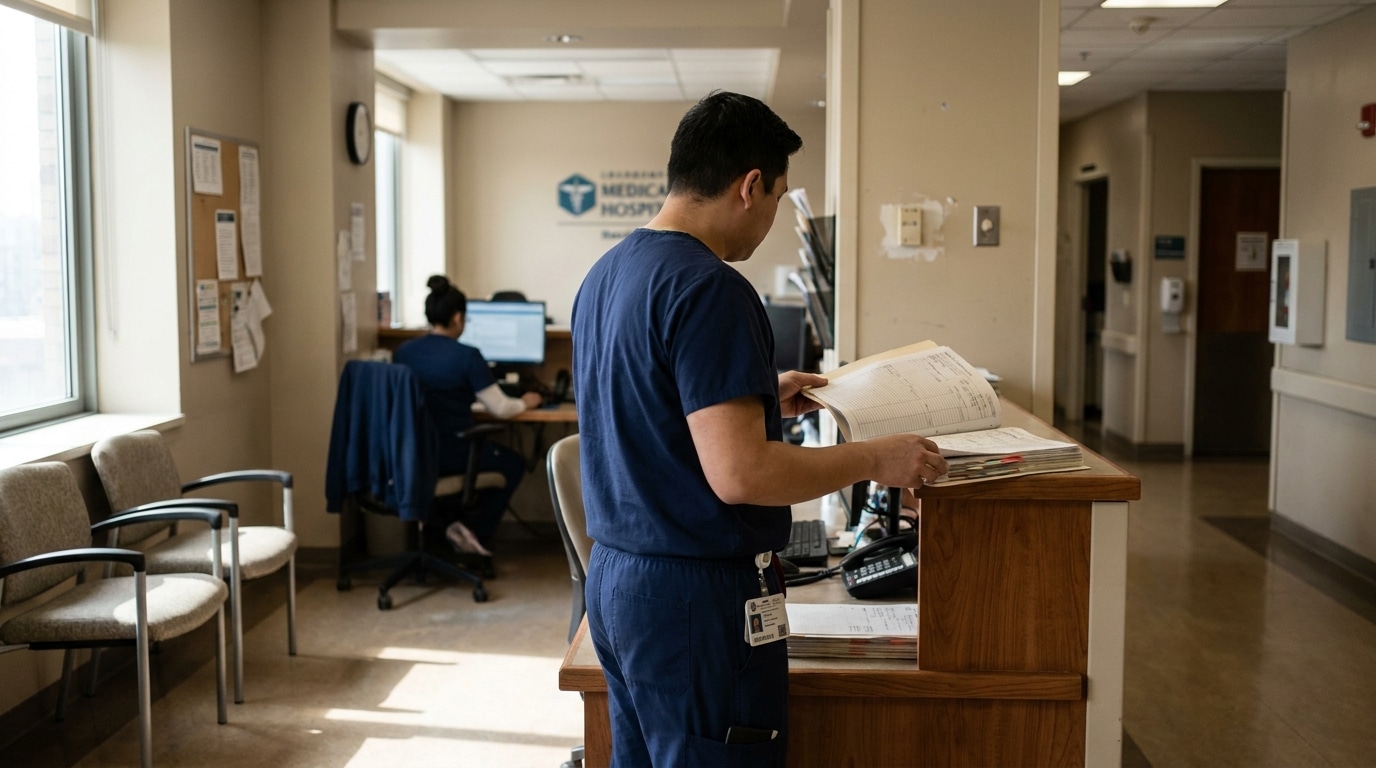 hospital staff member in scrubs reviewing medical documents at nurses station