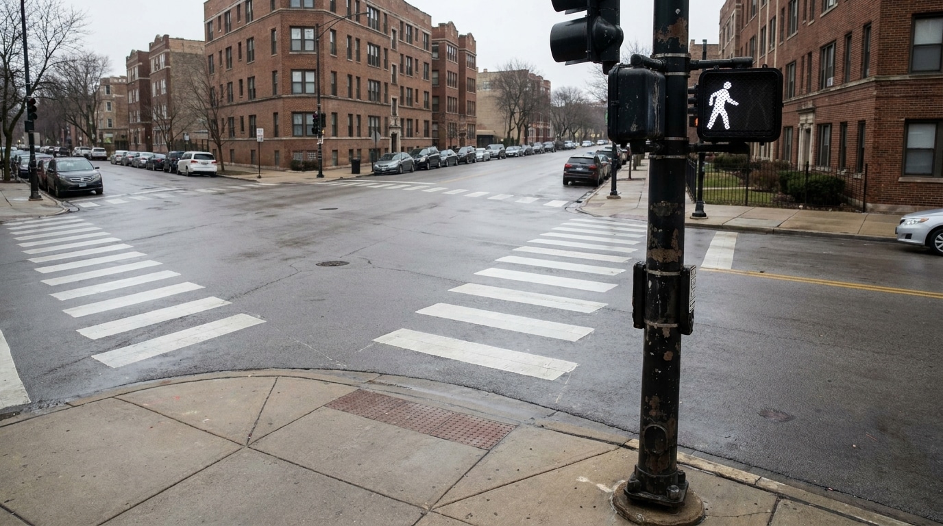 pedestrian walk signal at urban intersection with marked crosswalks and brick buildings