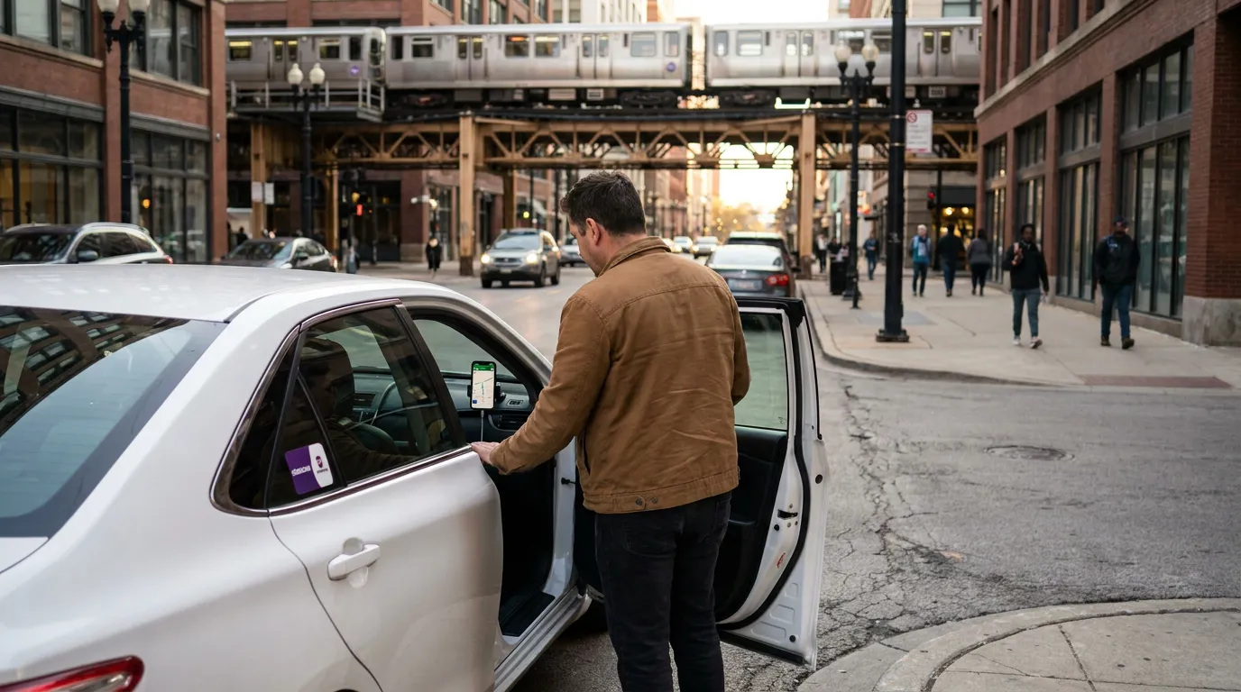 rideshare driver opening car door on busy urban street with elevated train
