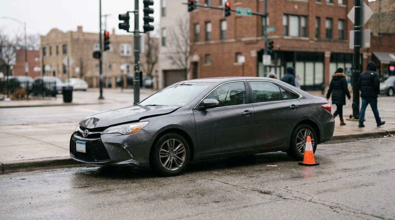 damaged Toyota sedan stopped at urban intersection with traffic cone nearby