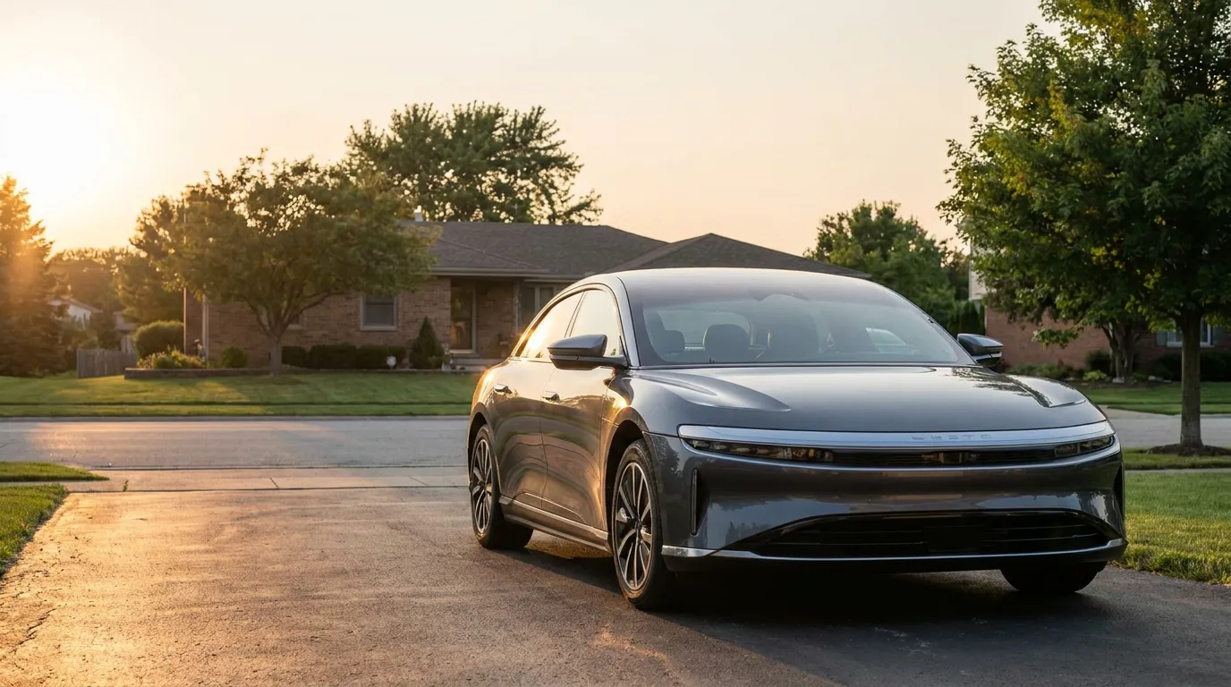 Lucid Air luxury electric sedan parked in residential driveway near brick home
