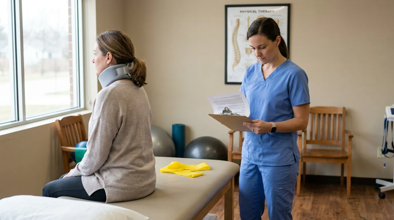 physical therapist reviewing clipboard with neck-brace patient on treatment table