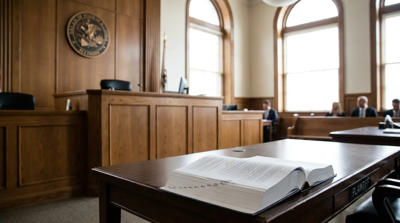 open legal book on plaintiff table inside formal courtroom with state seal