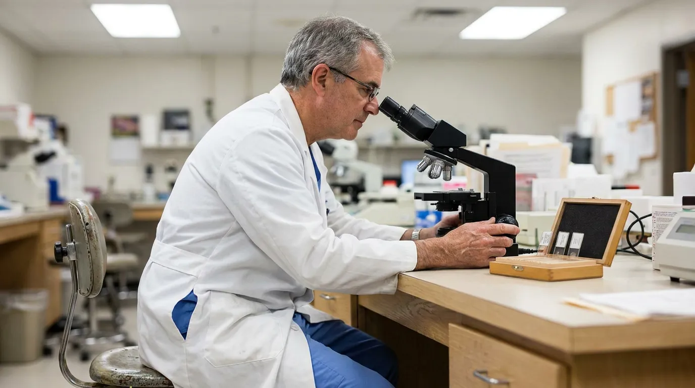 lab-coated scientist examining specimen slides under microscope in medical laboratory