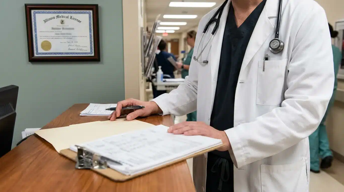 doctor with stethoscope reviewing patient file at hospital nurses station with Illinois Medical License on wall