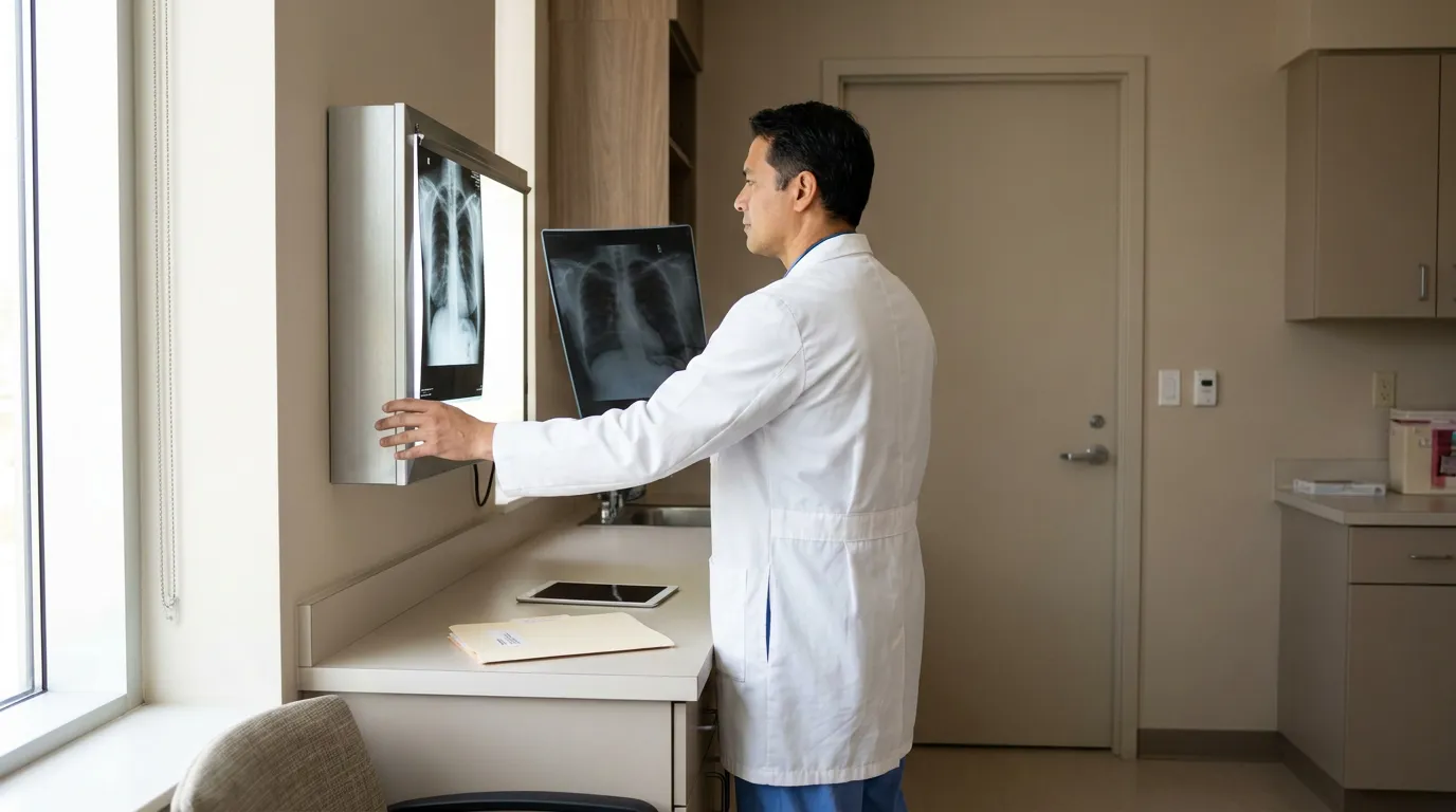 physician in lab coat examining chest X-ray on wall-mounted lightbox in medical office