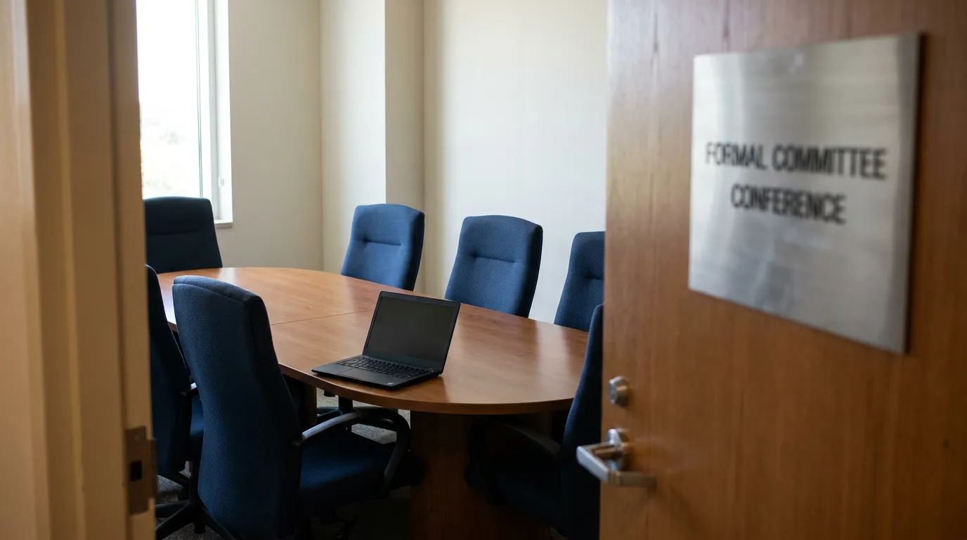 Formal Committee Conference room sign beside oval table with laptop and chairs