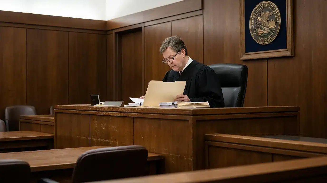 judge in black robe reviewing case folder at Illinois courtroom bench