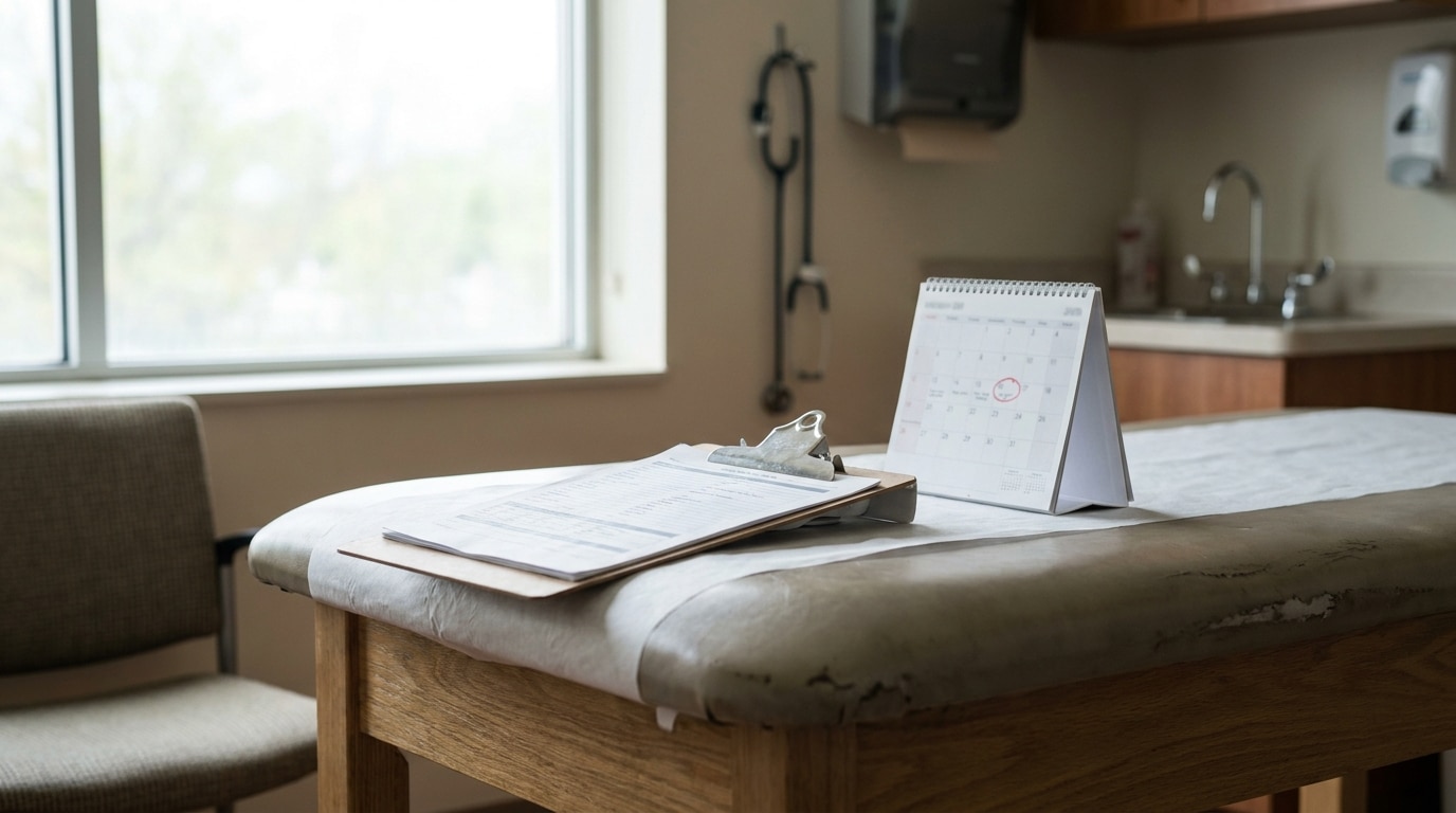 medical examination table with clipboard and desk calendar with circled date