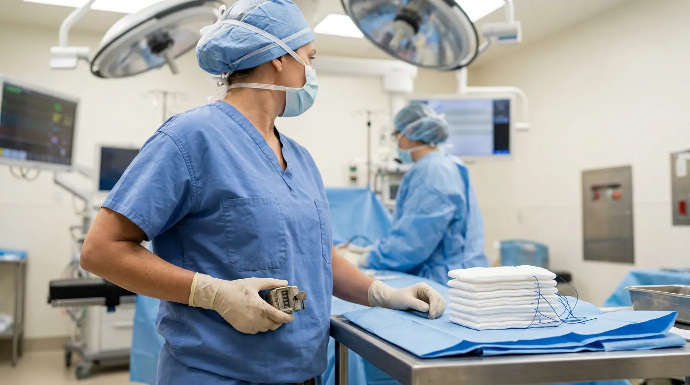 masked surgical nurse holding instrument beside sterile supply tray in operating room