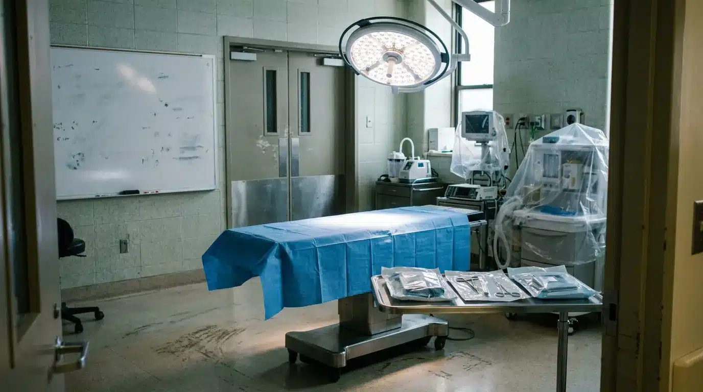 empty operating room with surgical table, overhead light, and sterile instrument tray