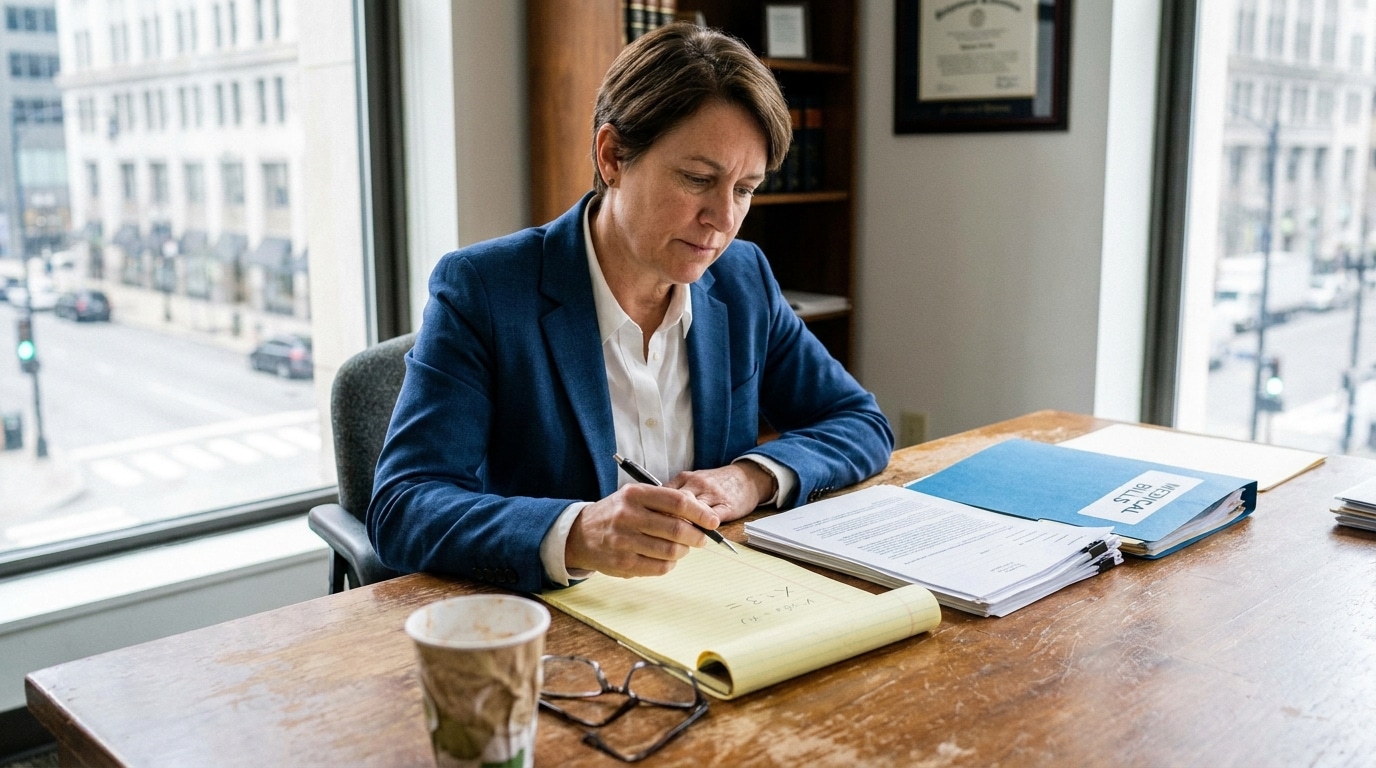 attorney writing notes on legal pad beside labeled Medical Bills binder