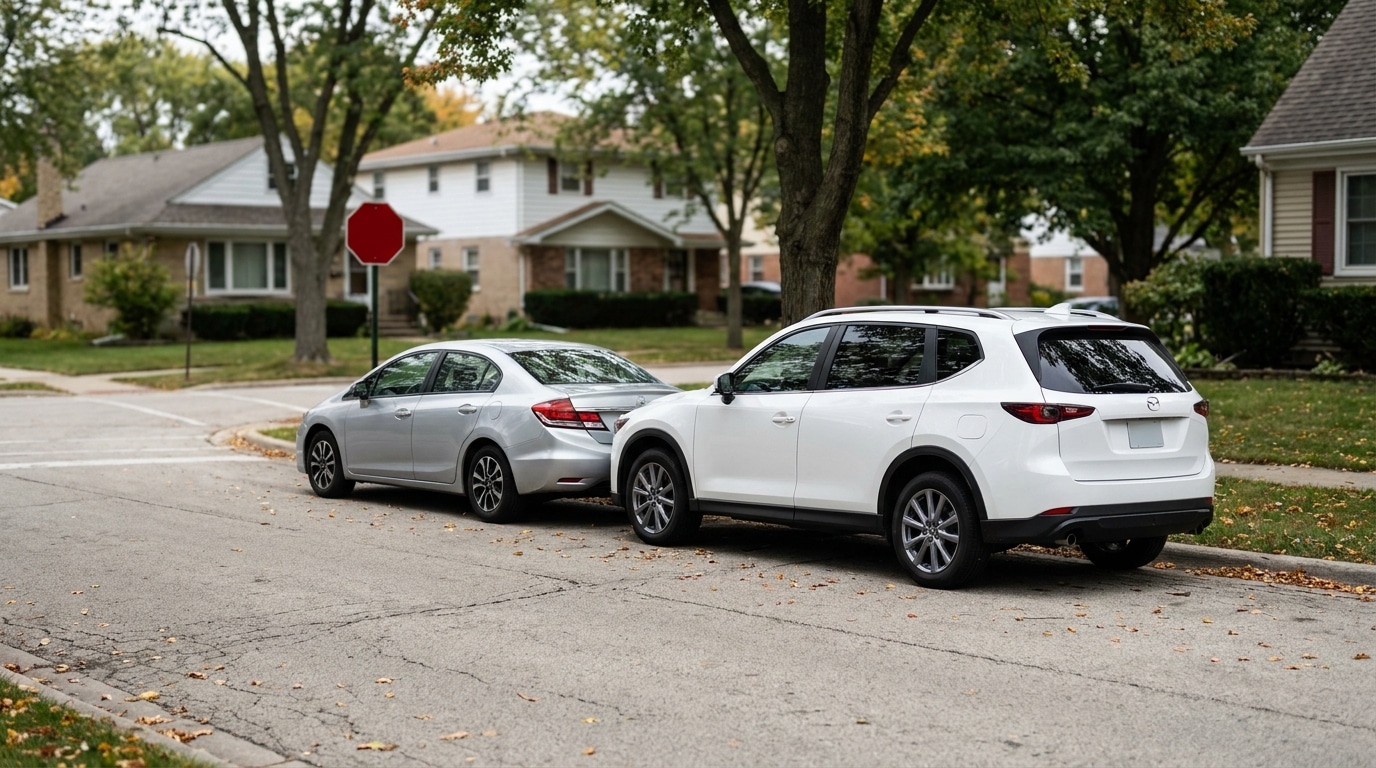 SUV rear-ending sedan at residential intersection near stop sign