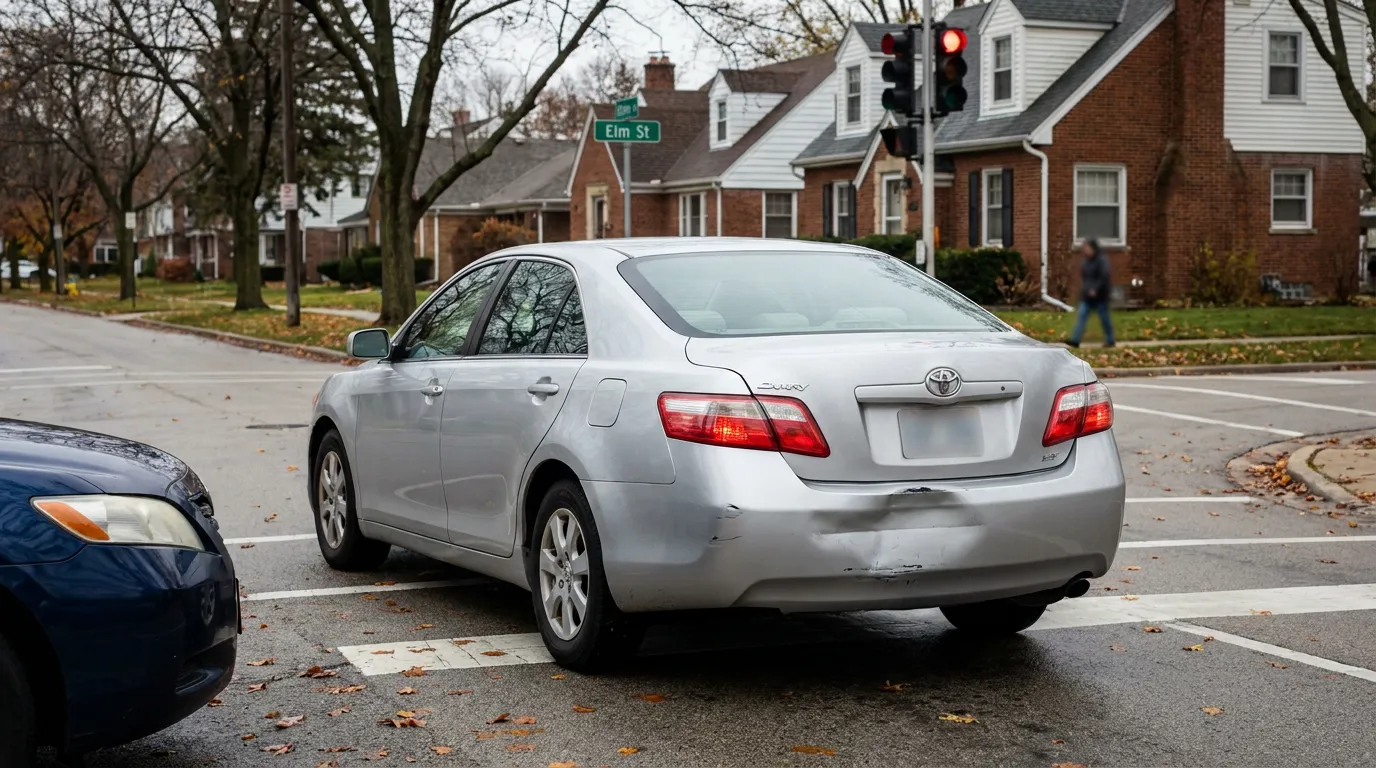 Toyota Camry sedan with damaged rear bumper stopped at Elm Street intersection