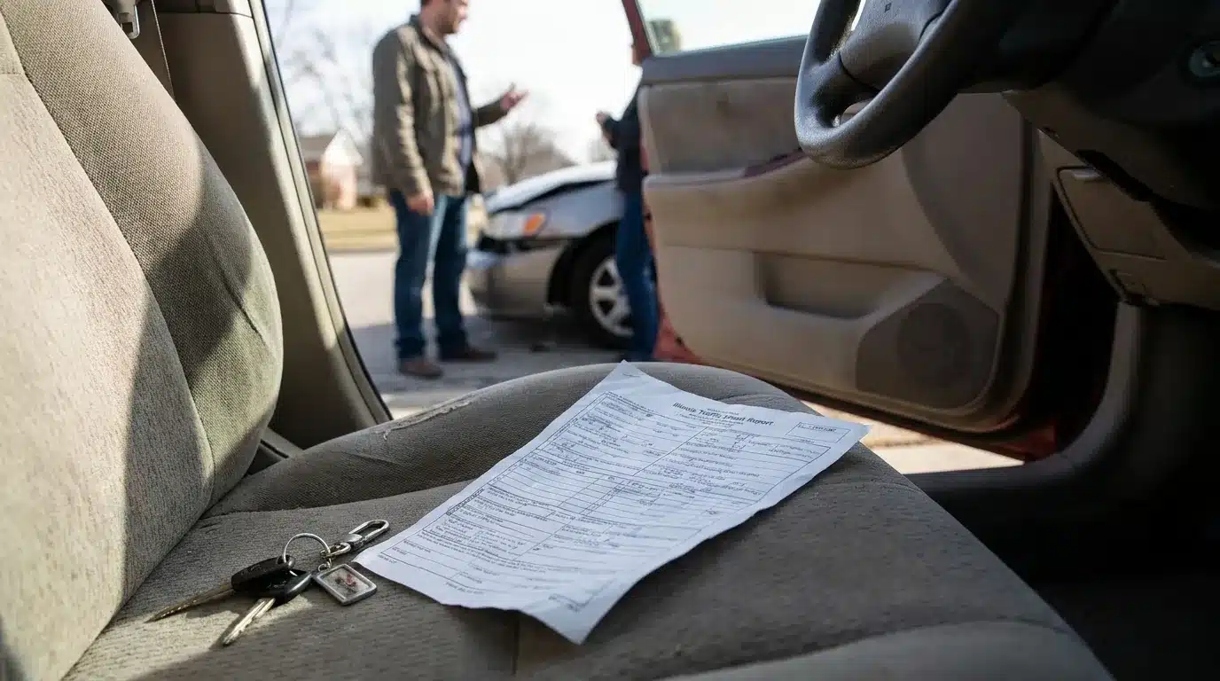 Illinois Traffic Crash Report and car keys on vehicle seat after collision