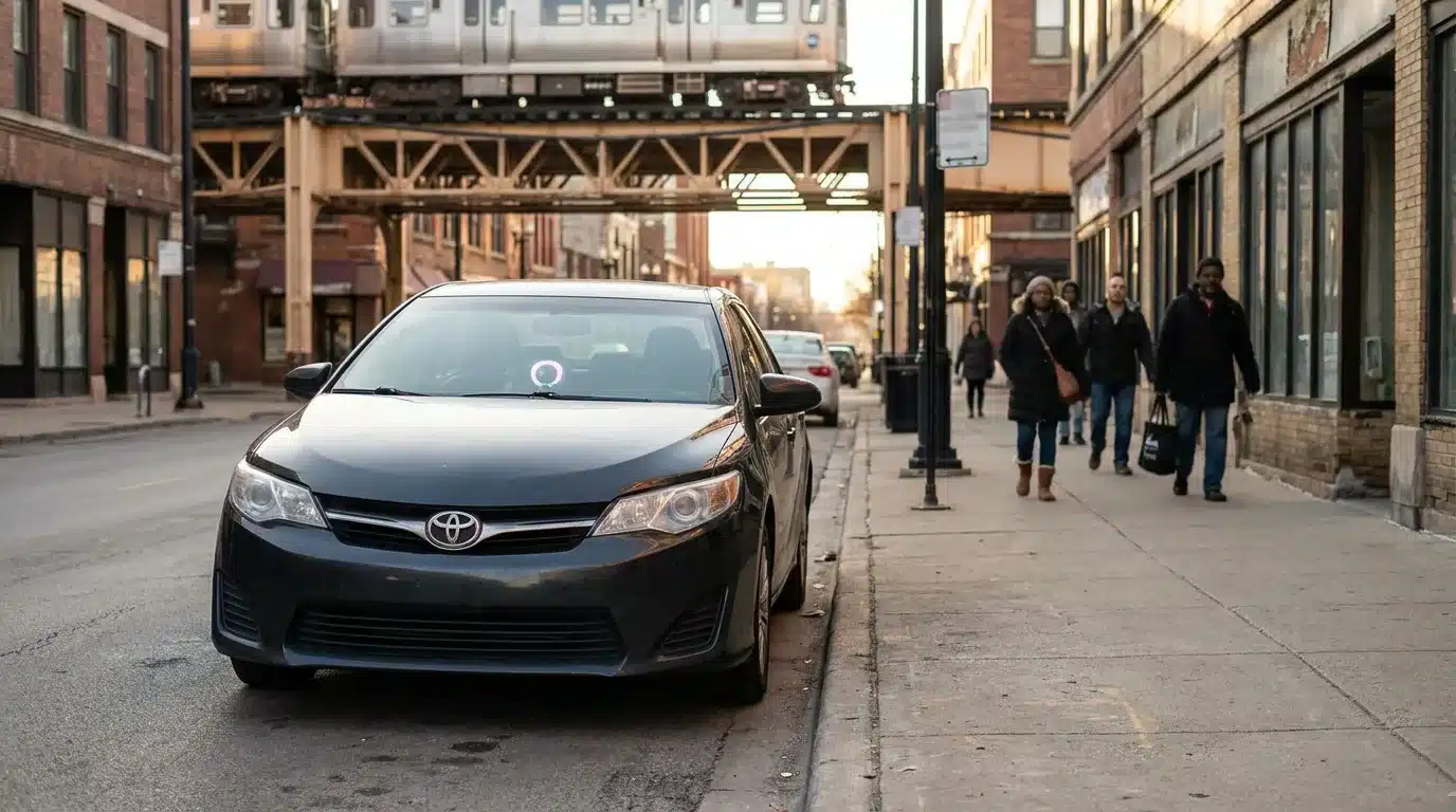 Toyota sedan with rideshare logo parked on urban street beneath elevated train