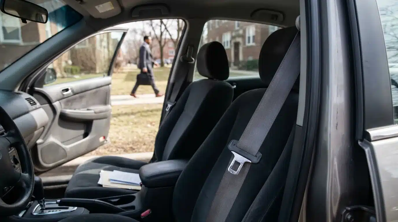 car interior with unfastened seatbelt and pedestrian walking past open door